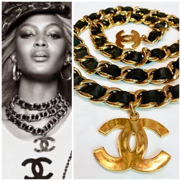 Vintage Chain Belt CHANEL Gold Plated Black Leather CC Logos Coin
